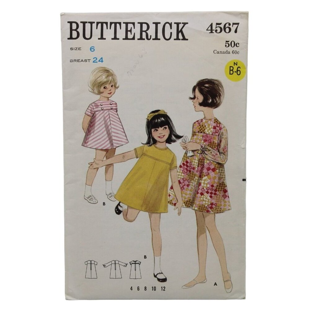 Butterick Girls Dress Sewing Pattern Size 6 Breast 24 4567 Vintage 1960s Cut